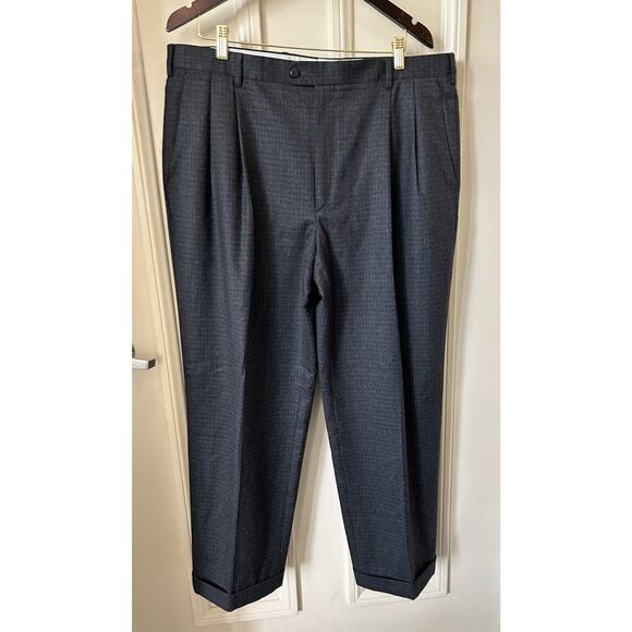 ZANELLA 38 x 29.5 Bennett 100% WOOL PANTS Pleated Cuffed BLACK Check ITALY C23